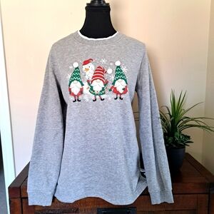 Holiday Gnome Sweatshirt Grey Fleece Lined Women's Small Cozy Festive Crew